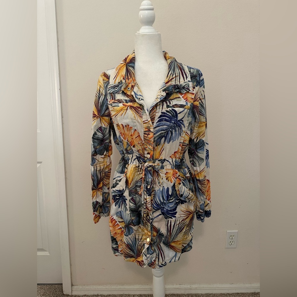 Chico’s Tropical Floral Print Linen Lightweight Jacket Sz 8-10 Vacation Cruise